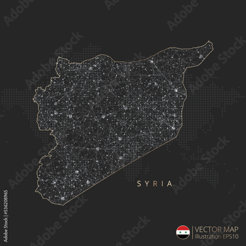 Syria map abstract geometric mesh polygonal light concept with black and white glowing contour lines countries and dots on dark background. Vector illustration eps10