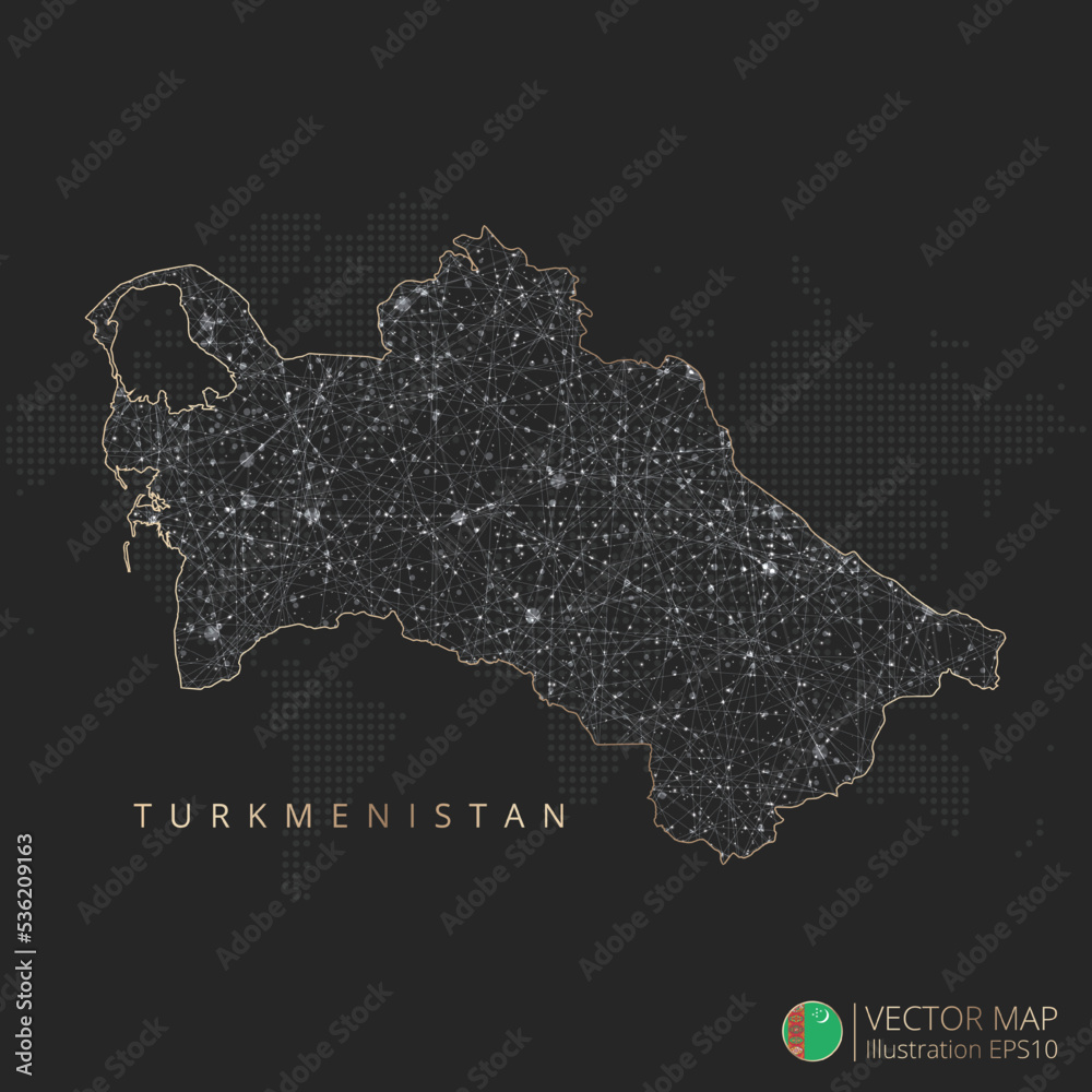 Turkmenistan map abstract geometric mesh polygonal light concept with black and white glowing contour lines countries and dots on dark background. Vector illustration eps10