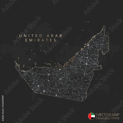 United Arab Emirates map abstract geometric mesh polygonal light concept with black and white glowing contour lines countries and dots on dark background. Vector illustration eps10