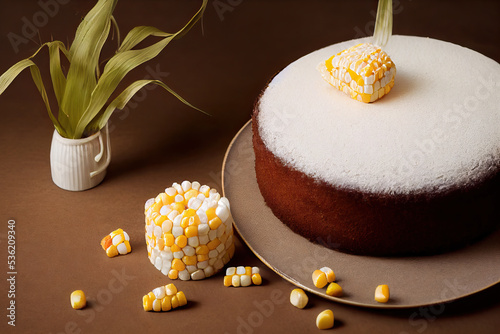 A corn cake on a plate on a wooden table with corncobs and slices. Homemade round cornmeal cake. Typical Brazilian. photo