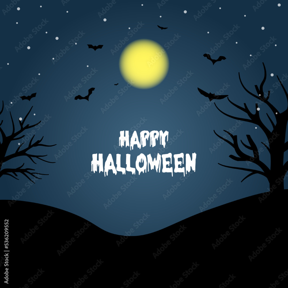 Happy Halloween design vector with moonlight, bats and, valley and tree.
