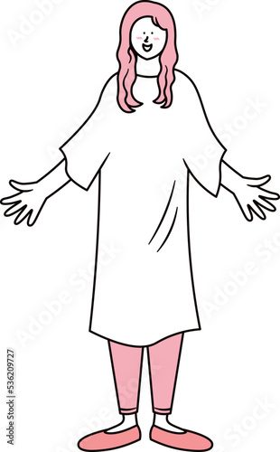 部屋着を着たアジア人女性が両手を広げているイラスト素材