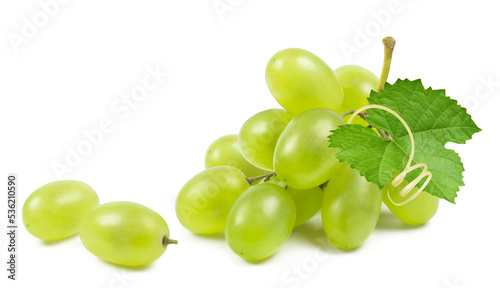 Grapes isolated. A bunch of ripe green grapes with a vine on a white background. Fresh fruits.