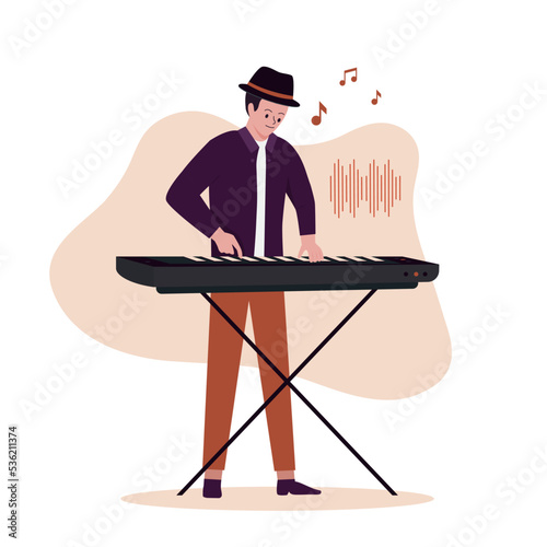 Flat design of men keyboardist playing music. Illustration for websites, landing pages, mobile applications, posters and banners. Trendy flat vector illustration