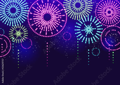 ネオンカラーに輝く花火の背景イラスト（カラフル）