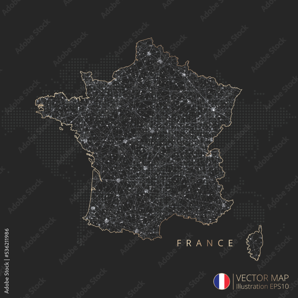 France map abstract geometric mesh polygonal light concept with black and white glowing contour lines countries and dots on dark background. Vector illustration eps10