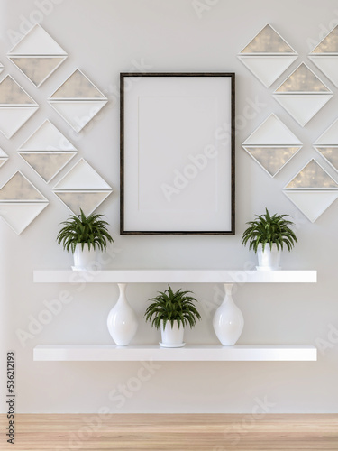 3D illustration mockup blank photo frame in living room rendering