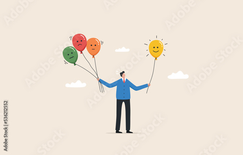 Ability to manage their emotions. Emotional control and self regulation. Emotion regulation and depression management. a man holding balloons with emotion  face.