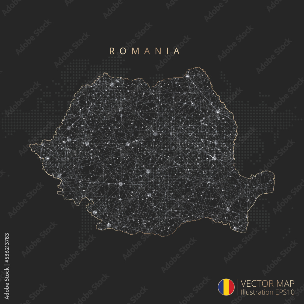 Romania map abstract geometric mesh polygonal light concept with black and white glowing contour lines countries and dots on dark background. Vector illustration eps10