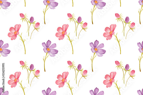 Watercolor cosmos flowers as seamless pattern.