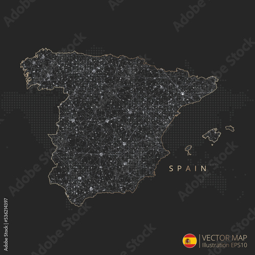 Spain map abstract geometric mesh polygonal light concept with black and white glowing contour lines countries and dots on dark background. Vector illustration eps10