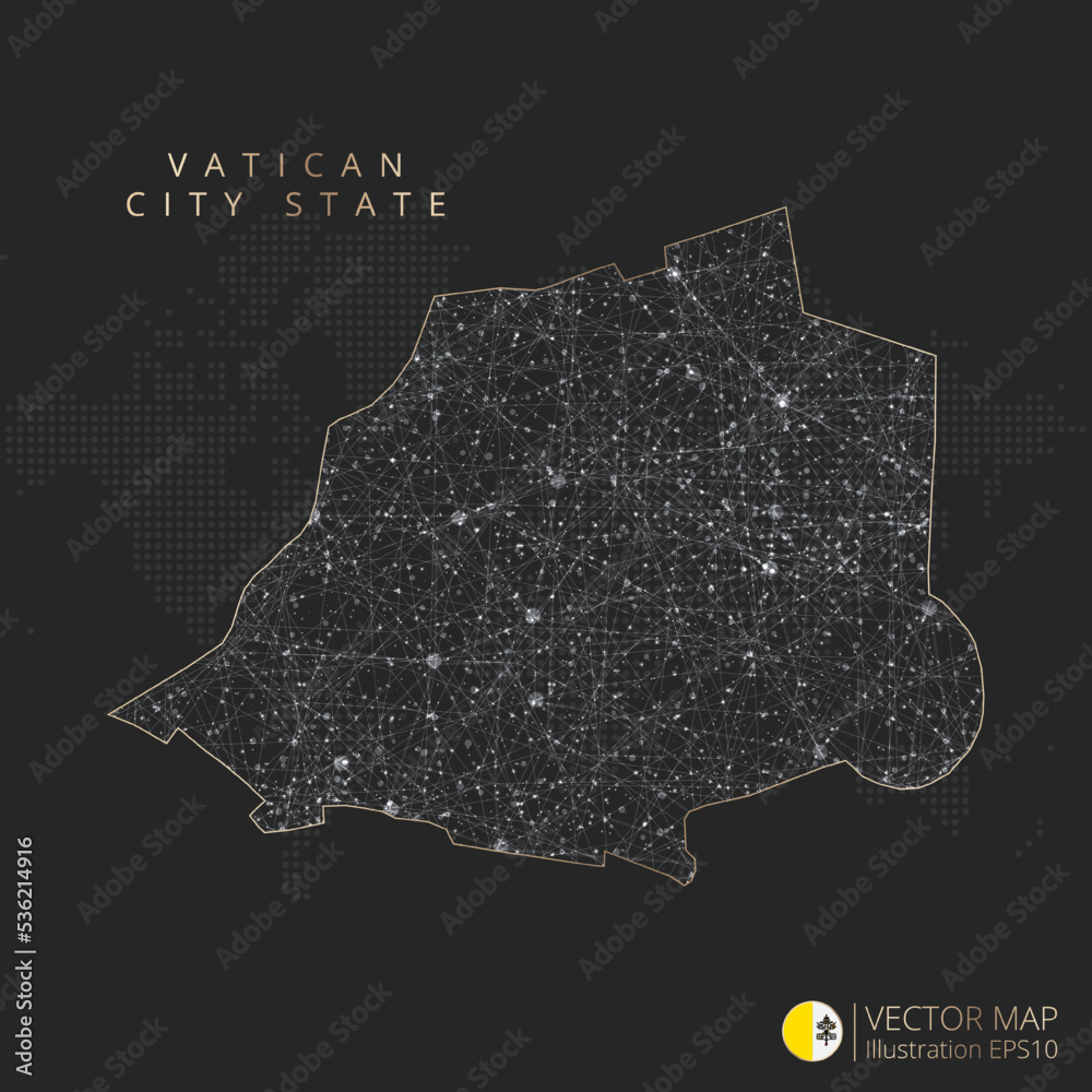 Vatican City State map abstract geometric mesh polygonal light concept with black and white glowing contour lines countries and dots on dark background. Vector illustration eps10