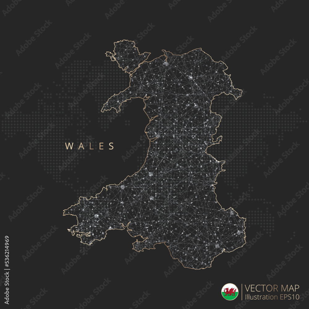 Wales map abstract geometric mesh polygonal light concept with black and white glowing contour lines countries and dots on dark background. Vector illustration eps10