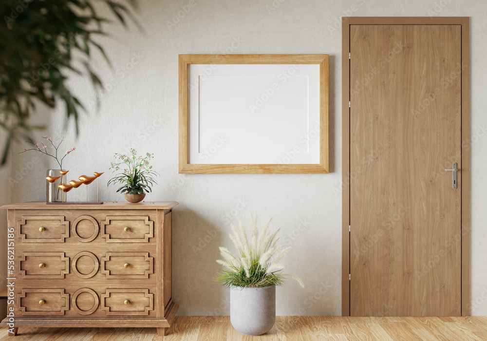 3D mockup blank photo frame in living room rendering 3D mockup blank photo frame in living room rendering