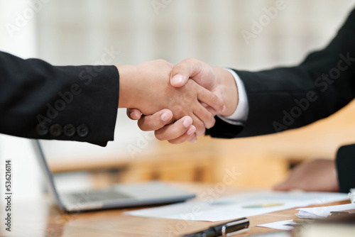 Two businessmen shaking hands agreeing on the deal.