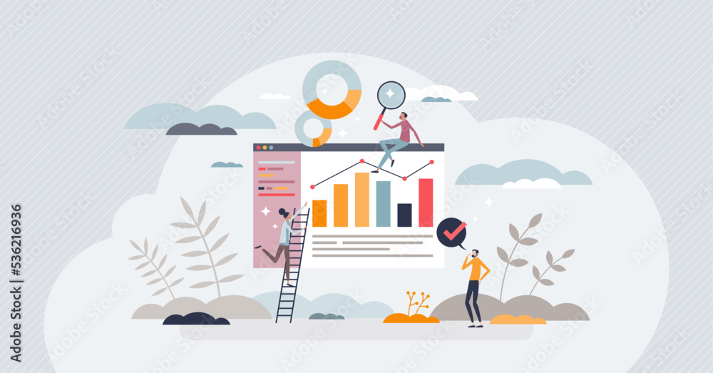 People analytics with statistics about person performance tiny person concept. Social chart and graph measurement research about population information vector illustration. Evaluate marketing data.