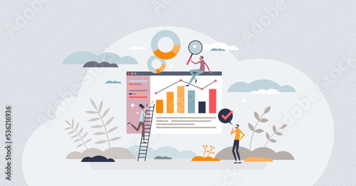 People analytics with statistics about person performance tiny person concept. Social chart and graph measurement research about population information vector illustration. Evaluate marketing data.