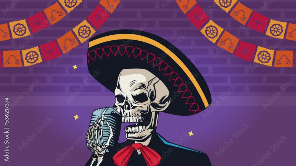dia de los muertos animation with skull singing