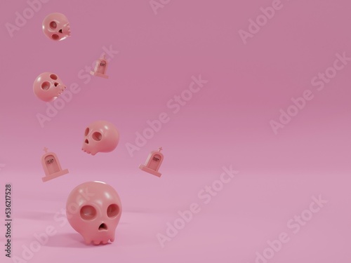 Halloween Skull and Grave Ghost Monster on pastel pink background. 3D Render.