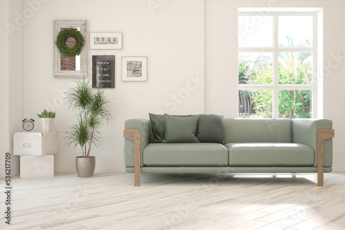 Wallpaper Mural White living room with sofa and summer landscape in window. Scandinavian interior design. 3D illustration Torontodigital.ca