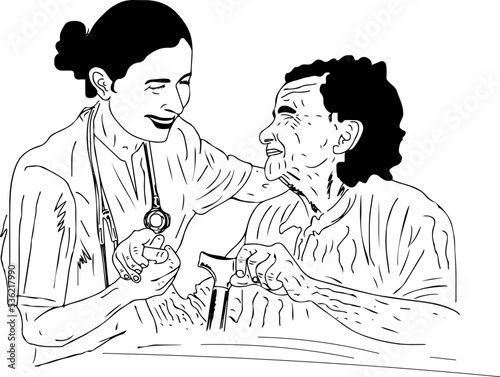 Sketch drawing of female doctor or nurse giving support and help to senior patient, outline vector illustration of doctor and patient, cartoon doodle silhouette of doctor giving hope to ill person
