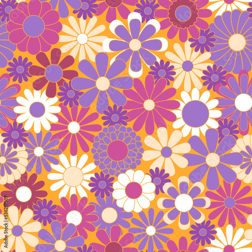 Retro abstract surface pattern design for textile print  stationery  wrapping paper. Colorful seamless pattern with vintage vector groovy flowers. Geometric floral silhouettes.