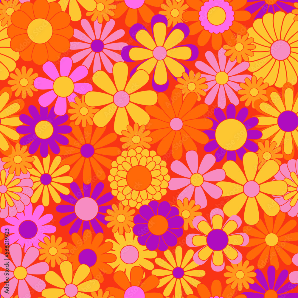Retro abstract surface pattern design for textile print, stationery, wrapping paper. Colorful seamless pattern with vintage vector groovy flowers. Geometric floral silhouettes.