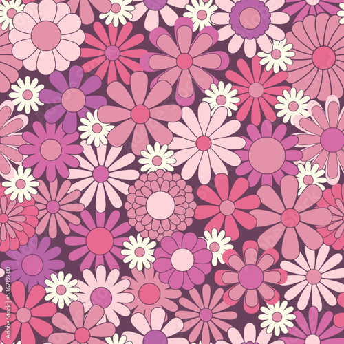 Retro abstract surface pattern design for textile print, stationery, wrapping paper. Colorful seamless pattern with vintage vector groovy flowers. Geometric floral silhouettes.