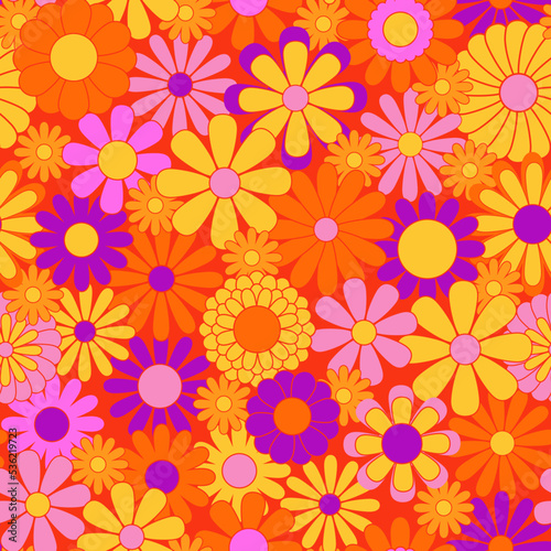 Retro abstract surface pattern design for textile print  stationery  wrapping paper. Colorful seamless pattern with vintage vector groovy flowers. Geometric floral silhouettes.