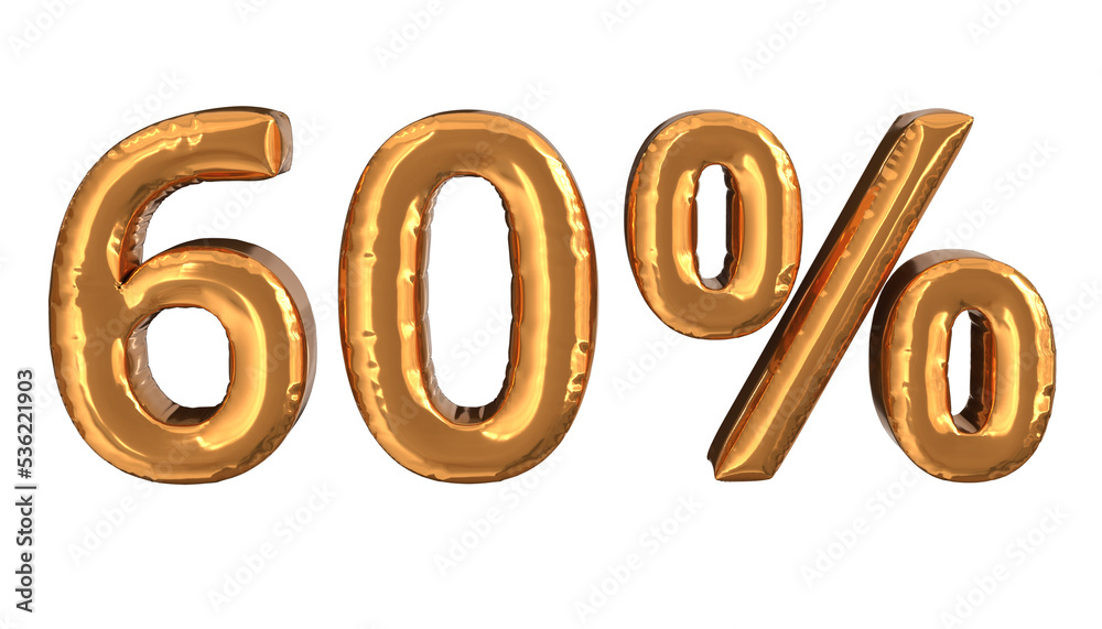 3d rendering of gold foil balloons text of 50%, suitable for advertising content