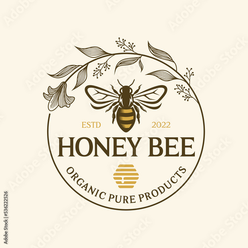 Hand Drawn Honey Bee with Flowers Logo Inspirations Vector illustration