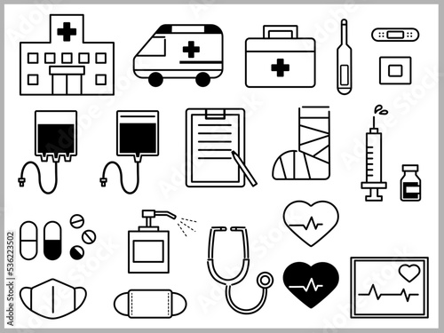 病院、医療機器、薬などイラストアイコンセット（白黒）