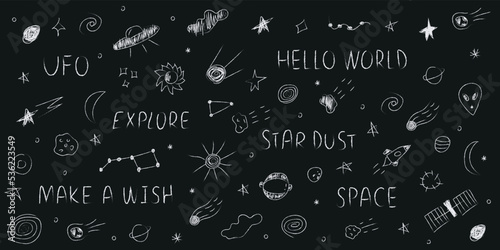 Doodle cosmos illustration set in childish style, design clipart. Hand drawn abstract space elements with lettering. Black and white.