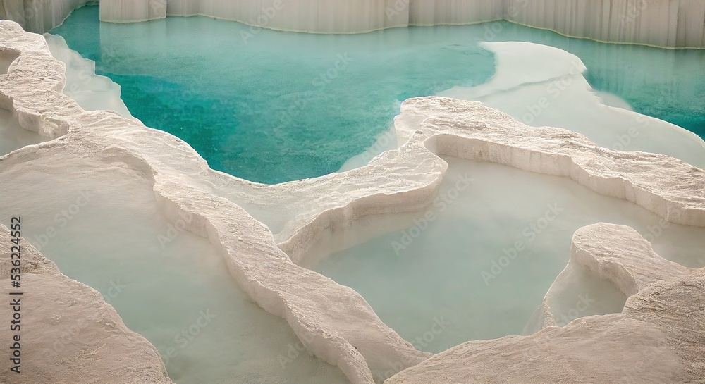 Background with Pamukkale, mineral hot springs of natural travertine, Generative AI