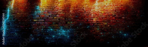 Background with grunge brick wall with blue neon light, Generative AI