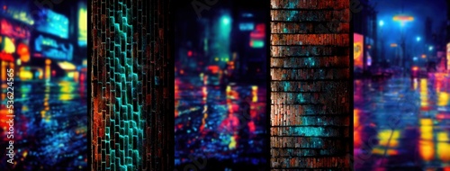 Wallpaper with stripes of a blurred neon rainy night street and aged textured brick wall with neon blue bioluminescent paint, Generative AI 