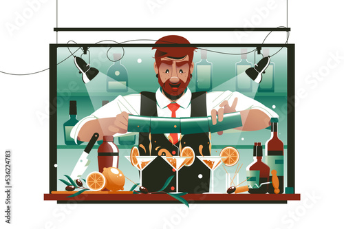 Barman in uniform making cocktails