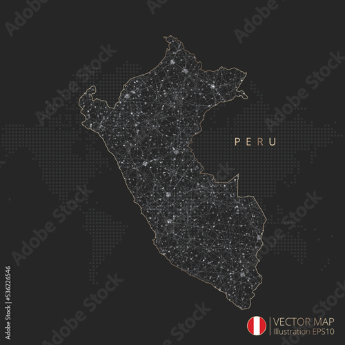 Peru map abstract geometric mesh polygonal light concept with black and white glowing contour lines countries and dots on dark background. Vector illustration