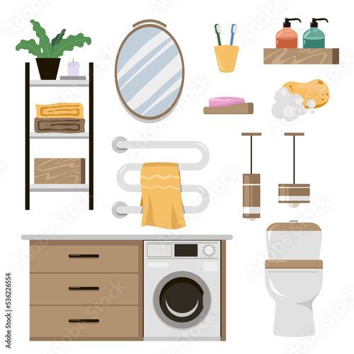 Set of furniture elements for bathroom and toilet. Vector illustrations of hygiene equipment and objects. Cartoon mirror lamp bidet washing machine isolated on white. Home or hotel interior concept