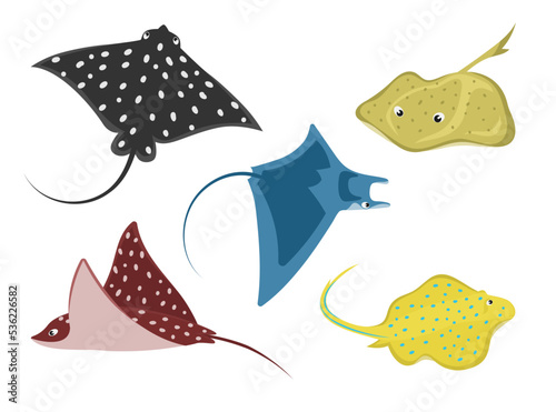 Cute stingray cartoon characters vector illustrations set. Comic sea creatures, underwater animals, spotted fishes, manta ray isolated on white background. Wildlife, nature concept