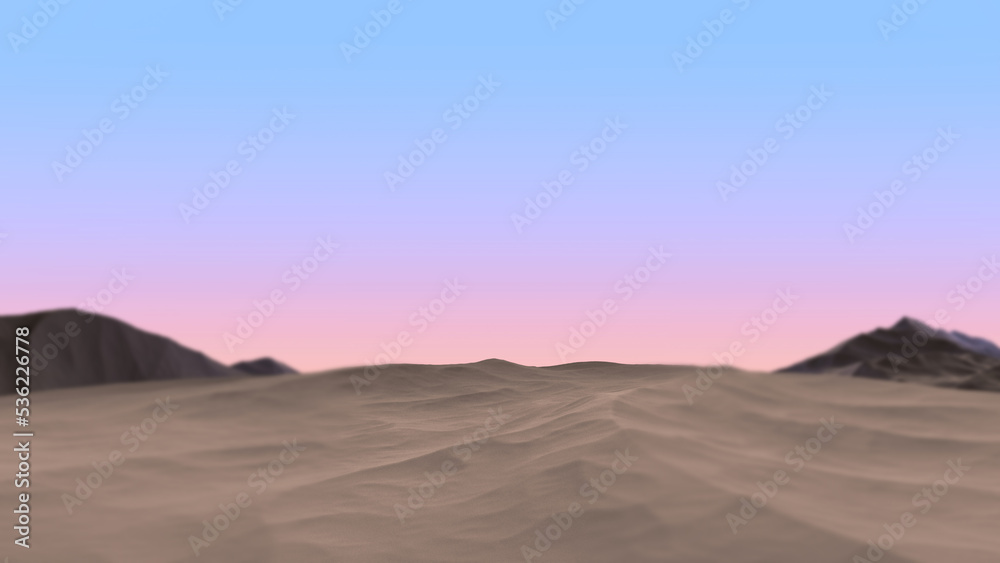Sandy desert and mountains in blur. Abstract desert with mountains landscape.3D render.