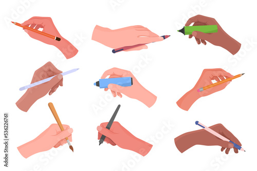 Hands holding writing and drawing tools vector illustrations set. Right and left arms with school supplies: pens, pencils and markers isolated on white background. Education, stationery concept