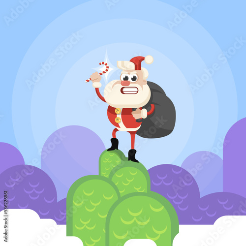 Santa Claus with candy cane atop a cartoony mountain — vector Illustration 