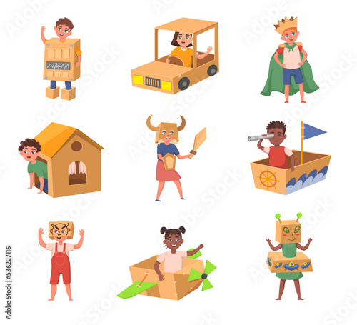Kids with costumes from cardboard boxes vector illustrations set. Creative cartoon boys and girls, child in cardboard boat isolated on white background. Childhood, imagination, leisure concept