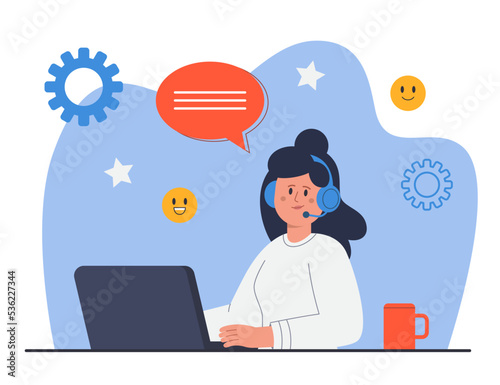 Female customer service worker sitting at laptop. Call center operator in headphones flat vector illustration. Customer support, communication concept for banner, website design or landing web page