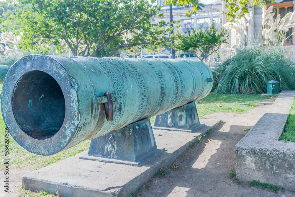 Closeup of ancient cannon in public park in Istanbul.