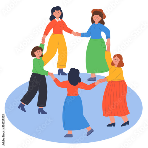 Female cartoon characters dancing in circle while holding hands. Women doing round dance together flat vector illustration. Friendship, communication, feminism concept for banner or landing web page