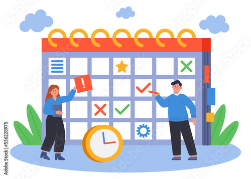 Office workers with huge calendar planning schedule for month. Business persons using online service for work flat vector illustration. Time management, entrepreneurship, education concept for banner