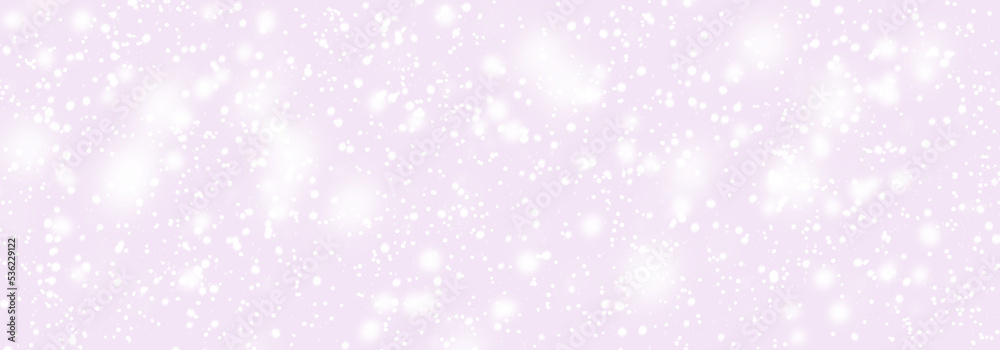Abstract magic snowfall. Falling white snow winter on light purple sky background. Pastel color