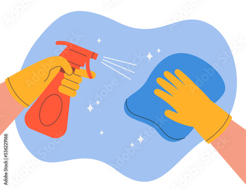 Hands with rubber gloves, spray and cloth cleaning surface. Person spraying detergent from bottle, disinfecting and wiping flat vector illustration. Cleaning service, hygiene, housekeeping concept